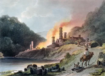 Iron Works, Coalbrookdale, graverad av William Pickett, c.1805 (färgad akvatint)